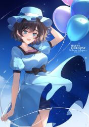 Rule 34 | 1girl, :d, arm up, balloon, black hair, black sash, blue dress, blue eyes, blue sky, bow, breasts, cloud, cloudy sky, collar, collarbone, cowboy shot, dated, day, denim, denim shorts, dress, frilled collar, frills, hair between eyes, happy, hat, highres, holding, holding balloon, looking at viewer, medium breasts, open mouth, outdoors, pink frills, puffy short sleeves, puffy sleeves, sash, shiina mayuri, shirase rin, short hair, short sleeves, shorts, shorts under skirt, signature, skirt, sky, smile, solo, standing, star (sky), starry sky, steins;gate, waist sash