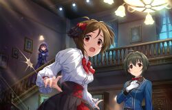 3girls black_hair blue_eyes bow bowtie brown_hair chandelier domyoji_karin game_cg gloves high-waist_skirt hood idolmaster idolmaster_cinderella_girls idolmaster_cinderella_girls_starlight_stage kohinata_miho merry_terrors_(idolmaster) multiple_girls official_art open_mouth orange_eyes painting_(object) railing red_eyes sakuma_mayu skirt stairs window