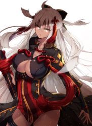 218 ahoge arm_guards black_bow black_coat bow cleavage_cutout clothing_cutout coat dark-skinned_female dark_skin fate/grand_order fate_(series) hair_between_eyes hair_bow high_collar long_hair okita_souji_(fate) okita_souji_(koha-ace) okita_souji_alter_(fate) scabbard sheath sheathed solo sword tassel thigh_strap weapon white_eyes white_hair yellow_eyes