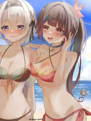 3girls alternate_breast_size alternate_costume bare_shoulders beach bikini black_hair black_hairband blunt_bangs blush breasts brown_hair chuuna_(unagiunazy) cleavage closed_mouth collarbone firefly_(honkai:_star_rail) front-tie_bikini_top front-tie_top green_bikini hair_between_eyes hair_ornament hairband highres honkai:_star_rail honkai_(series) large_breasts long_hair looking_at_another multiple_girls navel open_mouth pink_eyes ponytail red_bikini red_eyes short_hair side-tie_bikini_bottom sparkle_(honkai:_star_rail) stelle_(honkai:_star_rail) stomach swimsuit trailblazer_(honkai:_star_rail) wet white_hair