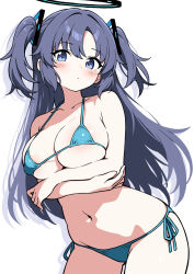 Rule 34 | 1girl, alternate costume, aqua bikini, areola slip, arms under breasts, bikini, black halo, blue archive, blue eyes, blue hair, blush, breasts, cleavage, closed mouth, commentary, contrapposto, covered erect nipples, cowboy shot, ecgg (tsuji418477), expressionless, halo, highres, large breasts, long hair, looking at viewer, mechanical halo, micro bikini, navel, paid reward available, parted bangs, red pupils, side-tie bikini bottom, simple background, solo, standing, swimsuit, two side up, white background, yuuka (blue archive)