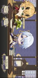 2boys bonsai chibi genshin_impact highres japanese_clothes kamisato_ayato multiple_boys tea_set thoma_(genshin_impact)