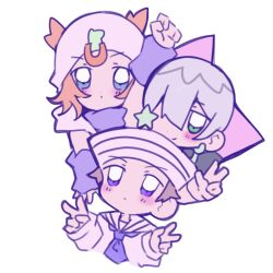 Rule 34 | 3boys, blonde hair, blue eyes, blush, brown hair, chibi, chibi only, commentary request, cropped torso, dixie cup hat, double v, earrings, family, green eyes, grey hair, hair ornament, hair over one eye, hand up, hat, higashikata josuke (jojolion), highres, hood, hood down, hoodie, horseshoe hat ornament, horseshoe ornament, jewelry, jodio joestar, johnny joestar, jojo no kimyou na bouken, jojolion, long bangs, long sleeves, military hat, multiple boys, rairack777, sailor, sailor collar, shirt, star (symbol), star hair ornament, steel ball run, the jojolands, time paradox, v, white hat, white hoodie, white sailor collar, white shirt, wristband