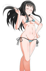 10s 1girl akemi_homura anime_coloring bikini black_hair black_hairband blush breasts closed_eyes crossed_legs female_focus hairband hand_on_own_hip ka-9 long_hair mahou_shoujo_madoka_magica mahou_shoujo_madoka_magica_(anime) micro_bikini navel simple_background small_breasts smile smug solo standing swimsuit watson_cross white_background