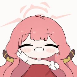 1girl animated animated_gif aru_(blue_archive) aru_(dress)_(blue_archive) blue_archive blush closed_eyes commentary_request demon_girl demon_horns dress facing_viewer grin halo horns jewelry long_hair necklace official_alternate_costume red_dress red_hair red_halo simple_background smile solo strapless strapless_dress teeth umihio white_background