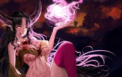 1girl black_theme blood blood_on_clothes blood_on_face blood_splatter breasts city city_lights collarbone dark dark_background facial_mark fate/grand_order fate_(series) fire forehead_mark full_body glowing glowing_eyes hair_ornament highres hole_in_chest hole_on_body horror_(theme) huge_breasts injury large_breasts mudra night night_sky nipples no_humans nosebleed nude open_mouth pink_blood power_lines sessyoin_kiara shokobr simple_background sky smile smoke solo thighhighs thighs