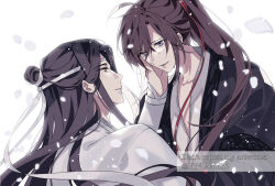 Rule 34 | 2boys, ahoge, bishounen, black hair, black hanfu, brown hair, chinese clothes, english text, eye contact, falling petals, grey eyes, hair between eyes, hair ribbon, hand on another&#039;s cheek, hand on another&#039;s face, hanfu, headband, high ponytail, hyottokoane, lan wangji, long hair, long sleeves, looking at another, male focus, modao zushi, multiple boys, parted lips, petals, ponytail, red ribbon, ribbon, robe, sidelocks, simple background, snowing, topknot, twitter username, upper body, very long hair, watermark, wei wuxian, white background, white hanfu, white headband, yaoi, yellow eyes