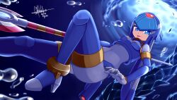 1girl android blue_eyes boots breasts bubble gloves helmet highres holding holding_polearm holding_weapon ice ice_dragon leg_up fairy_leviathan_(mega_man) looking_at_viewer medium_breasts mega_man_(series) mega_man_x_(series) mega_man_x_dive mega_man_zero_(series) nanayaryuoo open_mouth polearm robot robot_girl signature smile solo spear sunlight thigh_boots thighhighs tongue tongue_out underwater water weapon white_gloves