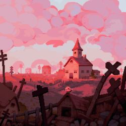 Rule 34 | abandoned, analogous colors, bird, building, cloud, cloudy sky, cool colored, cross, fence, graveyard, highres, no humans, outdoors, pink theme, pixel art, pixeldoshi, red sky, rubble, rural, scenery, sky, skyline, town, tree, window, wooden fence