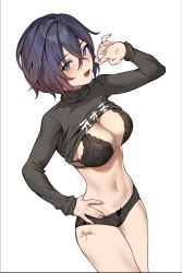 1girl arepko artist_name belle_(zenless_zone_zero) black_bra black_panties black_shirt blue_hair bra breasts clothes_lift commentary_request green_eyes highres large_breasts looking_at_viewer medium_breasts navel open_mouth panties shirt shirt_lift short_hair simple_background solo stomach underwear white_background zenless_zone_zero