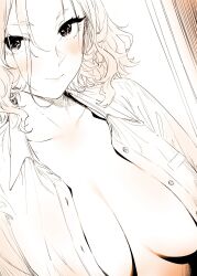 1girl blush breasts breasts_apart collarbone commentary_request dutch_angle goshiki_suzu highres large_breasts looking_at_viewer monochrome no_bra open_clothes open_shirt original solo upper_body