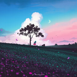 1girl artist_name bird blue_sky cat cloud crescent_moon field flower from_behind grass green_hair highres huhv. long_hair moon original outdoors petals scenery sky solo tree wide_shot