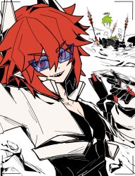 2boys aotu_world black_gloves black_shirt cropped_jacket ghost gloves goggles green_hair grin halo headgear highres jacket jiguoyansheng01211 looking_at_viewer lying multiple_boys open_mouth partially_colored pius_(aotu_world) planted planted_sword planted_weapon pointy_ears red_eyes red_hair sharp_teeth shirt short_hair smile solo_focus spinning_weapon sword teeth weapon white_jacket xander_(aotu_world)