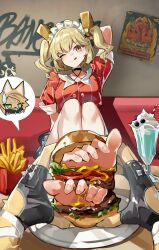 1girl 1other absurdres bare_legs barefoot blonde_hair blush breasts burger burnice_white collarbone collared_shirt crop_top feet feet_in_food fingerless_gloves food french_fries full_body gloves hair_ornament highres indoors knees_up licking_lips long_hair looking_at_viewer maid_headdress medium_breasts milkshake miniskirt one_eye_closed orange_eyes plate pov ppangchil red_shirt shadow shirt short_sleeves skirt solo_focus toenails toes tongue tongue_out twintails waitress zenless_zone_zero