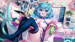 1girl :d absurdres ahoge andychen animal_ear_fluff animal_ears blue_eyes blue_hair bow breasts cat_ears cat_tail chair cleavage crop_top cup fang gaming_chair hair_bow handheld_game_console headphones headphones_removed highres holding holding_cup holding_handheld_game_console indie_virtual_youtuber indoors jacket lanmewko long_sleeves medium_breasts microphone monitor nintendo_switch no_shoes open_clothes open_jacket open_mouth plant prehensile_hair sitting_sideways smile solo stuffed_animal stuffed_rabbit stuffed_toy swivel_chair tail thighhighs virtual_youtuber white_jacket