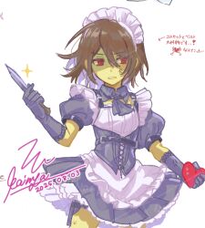Rule 34 | 1other, alternate costume, anger vein, apron, black corset, black dress, black gloves, brown hair, colored skin, commentary request, corset, dated, deltarune, dress, enmaided, gloves, heart, holding, holding heart, holding knife, kaimya1118, knife, kris (deltarune), maid, maid headdress, other focus, puffy short sleeves, puffy sleeves, short hair, short sleeves, signature, soul (deltarune), white apron, yellow skin