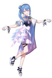1girl absurdres beret blue_eyes blue_hair blue_shirt cape chrispy_tuna closed_eyes closed_mouth collared_shirt commentary detached_sleeves earrings english_commentary feet fingerless_gloves full_body gloves hair_between_eyes hair_bun hat highres hololive hoshimachi_suisei hoshimachi_suisei_(old_design)_(dress-up_ver.) jewelry looking_at_viewer nail_polish official_alternate_costume platform_footwear puffy_detached_sleeves puffy_short_sleeves puffy_sleeves shirt short_sleeves side_ponytail side_up_bun simple_background single_hair_bun skirt sleeveless sleeveless_shirt smile solo thigh_strap toeless_footwear toenail_polish toenails toes virtual_youtuber white_background white_footwear white_gloves white_hat white_skirt