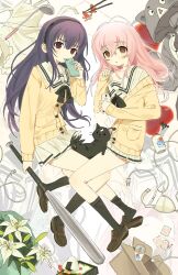 Rule 34 | 2girls, baseball bat, bento, black cat, black hairband, black socks, box, bra, brown shoes, can, cardboard box, cat, cellphone, chopsticks, commentary, condom, english commentary, flower, food, hairband, highres, holding, holding baseball bat, holding phone, kimi to kanojo to kanojo no koi., ladle, loafers, long hair, long sleeves, mota (motaberrie), mukou aoi (totono), multiple girls, onigiri, phone, pink hair, pleated skirt, purple hair, red eyes, sailor collar, school uniform, shoes, skirt, smartphone, socks, sone miyuki, underwear, unworn bra, white bra, white flower, white sailor collar, white skirt