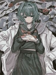 1girl absurdres ahoge axe bandaged_arm bandaged_chest bandages bandaid black_serafuku black_shirt black_skirt blue_eyes chinese_commentary closed_mouth colored_eyelashes commentary_request empty_eyes expressionless flower green_hair hair_intakes hair_ornament hairclip hands_on_own_chest highres holding holding_axe jar lab_coat long_skirt long_sleeves neckerchief original pleated_skirt red_flower red_neckerchief red_rose rose sailor_collar sailor_shirt school_uniform serafuku shirt short_hair shuru_shenme_mingzi skirt solo