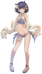 1girl absurdres bikini blue_eyes flower frilled_bikini frills hair_flower hair_ornament highres hololive hololive_english holonatsu_paradise honkivampy interlocked_fingers looking_at_viewer navel ninomae_ina&#039;nis ninomae_ina&#039;nis_(holonatsu_paradise) official_alternate_costume official_alternate_hairstyle panties pointy_ears purple_eyes purple_hair sandals short_hair simple_background smile solo swimsuit underwear virtual_youtuber white_panties