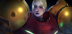 1girl artist_name blonde_hair blue_eyes closed_mouth dark_background fog hair_slicked_back highres looking_at_viewer metroid metroid_prime metroid_prime_1 nintendo power_suit_(metroid) samus_aran solo twitter_username upper_body varia_suit xuuikie_ashe