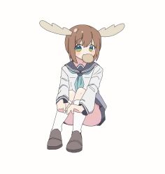 1girl absurdres antlers blue_neckerchief blue_sailor_collar brown_hair deer_antlers deer_cracker deer_girl green_eyes hair_between_eyes highres horns knee_up kneehighs loafers muku_(d4uydnvxygxewu3) neckerchief own_hands_together sailor_collar school_uniform shikanoko_noko shikanoko_nokonoko_koshitantan shoes socks solo thighs white_background white_socks