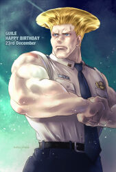 Rule 34 | 1boy, angie (kani-ga-tobuna), blonde hair, cowboy shot, fist in hand, guile, happy birthday, looking to the side, male focus, muscular, muscular male, shirt tucked in, short hair, solo, standing, street fighter, tsurime, wrinkled skin