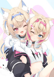 2girls animal_ear_fluff animal_ears bandaid bandaid_hair_ornament belt_collar black_collar black_jacket blonde_hair blue_eyes blue_hair blue_nails blush closed_mouth collar cropped_shirt dog_ears dog_girl dog_tail fang fuwawa_abyssgard fuwawa_abyssgard_(1st_costume) hair_ornament hairpin headphones headphones_around_neck highres hololive hololive_english jacket long_hair looking_at_viewer mococo_abyssgard mococo_abyssgard_(1st_costume) multiple_girls nail_polish one_eye_closed open_mouth paru_(parunprunpa) perroccino_(fuwamoco) pink_eyes pink_hair shirt short_hair siblings sisters skin_fang smile spiked_collar spikes tail twins very_long_hair virtual_youtuber white_shirt x_hair_ornament