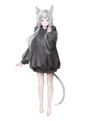 Rule 34 | 1girl, animal ear fluff, animal ears, arknights, barefoot, black hoodie, closed mouth, commentary, drawstring, expressionless, feet, full body, green eyes, grey hair, grey tail, highres, hood, hood down, hoodie, jinki wav, long hair, long sleeves, looking at viewer, rosmontis (arknights), sidelocks, simple background, solo, standing, tail, toes, v, white background
