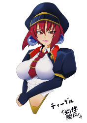 1990s_(style) 1girl breasts earrings female_focus fingerless_gloves gensouenma gloves impossible_clothes jewelry large_breasts looking_at_viewer midriff military military_uniform necktie parted_lips red_eyes red_hair retro_artstyle revealing_clothes saber_marionette_j shiny_skin short_hair signature simple_background smile solo thong tiger_(saber_j) translation_request whip white_background wide_hips
