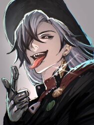 Rule 34 | 1boy, arm up, black hair, black hat, black jacket, black sclera, boothill (honkai: star rail), collared jacket, colored sclera, commentary request, cyborg, earrings, grey background, grey hair, hair over one eye, hat, highres, honkai: star rail, honkai (series), jacket, jewelry, long hair, long tongue, looking at viewer, male focus, multicolored eyes, multicolored hair, one eye covered, piercing, pointing, popped collar, sharp teeth, simple background, solo, sparkle, teeth, tongue, two-tone hair, unzipped, upper body, upper teeth only, xo 5ss, zipper, zipper pull tab