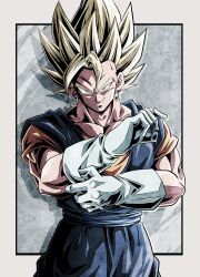 Rule 34 | 1boy, absurdres, biceps, blonde hair, blue pants, blue sash, border, closed mouth, collarbone, commentary request, dougi, dragon ball, dragonball z, earrings, gloves, green eyes, grey background, hand up, highres, jewelry, looking at viewer, male focus, muscular, muscular male, orange shirt, outside border, pants, pectorals, potara earrings, sash, shadow, shirt, short sleeves, simple background, smile, smirk, solo, spiked hair, super saiyan, super saiyan 1, ushi (akabec0), v-shaped eyebrows, vegetto, white border, white gloves
