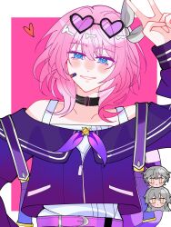Rule 34 | 1girl, bandaid, bandaid on face, belt, black choker, blue eyes, border, caelus (honkai: star rail), character charm, charm (object), choker, coat, commentary, cyrene (honkai: star rail), english commentary, eyewear on head, hair ornament, heart, heart-shaped eyewear, highres, honkai: star rail, honkai (series), medium hair, miu057388296295, parted lips, pink background, pink belt, pink hair, purple coat, shirt, smile, solo, stelle (honkai: star rail), sunglasses, trailblazer (honkai: star rail), upper body, v, white border, white shirt