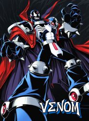 Rule 34 | 1boy, abs, armor, black armor, black background, cape, character name, forehead jewel, fusion, highres, male focus, marvel, red cape, sharp teeth, sigma (mega man), sirknightbot, solo, teeth, venom (marvel)