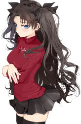 1girl arms_under_breasts black_hair black_skirt black_thighhighs blue_eyes blush breasts commentary_request cowboy_shot crossed_arms dated fate/stay_night fate_(series) hair_ribbon kinako_(mzknk0) long_hair looking_at_viewer medium_breasts miniskirt red_sweater ribbon signature simple_background skirt solo sweater taut_clothes thighhighs tohsaka_rin turtleneck turtleneck_sweater two_side_up very_long_hair watermark wavy_hair white_background zettai_ryouiki