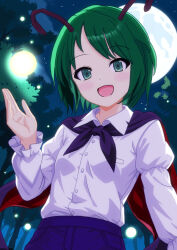1girl antennae black_cape blush breasts cape collared_shirt commentary_request fireflies forest full_moon green_eyes green_hair highres long_sleeves looking_at_viewer mist9801km moon nature night night_sky open_mouth outdoors red_cape shirt sky small_breasts smile solo touhou two-sided_cape two-sided_fabric white_shirt wriggle_nightbug