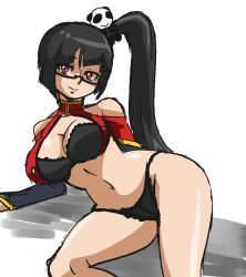 1girl arc_system_works arms_up bad_id bad_twitter_id bare_shoulders black_bra black_hair black_panties blazblue blazblue:_calamity_trigger blush bra breasts cleavage female_focus glasses hair_ornament hip_focus inactive_account lao_jiu large_breasts legs lingerie litchi_faye_ling long_hair lying navel on_side open_clothes open_mouth open_shirt panda panties pink_eyes ponytail red_eyes semi-rimless_eyewear shirt side_ponytail smile solo under-rim_eyewear underwear yuuya_(blue_scarab)