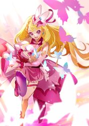 1girl bare_shoulders blonde_hair boots bug butterfly clenched_teeth collarbone commentary_request cowboy_shot cure_butterfly earrings gradient_background highres hijiri_ageha hirogaru_sky!_precure insect jewelry lips long_hair looking_at_viewer magical_girl nail_polish one_eye_closed pink_background pink_eyes precure purple_nails shipu_(gassyumaron) single_thighhigh smile solo teeth thighhighs