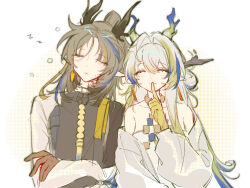 Rule 34 | 1boy, 1girl, ^ ^, arknights, bare shoulders, blonde hair, blue hair, brown hair, chinese commentary, closed eyes, closed mouth, colored extremities, commentary request, dragon girl, dragon horns, earrings, facing viewer, finger to mouth, grey hair, hair between eyes, hair intakes, heads together, highres, horns, jewelry, ji (arknights), jue zan qia fan zhong, long hair, long sleeves, multicolored hair, off shoulder, parted lips, pointy ears, shu (arknights), shushing, sleeping, smile, squeans, streaked hair, upper body, zzz