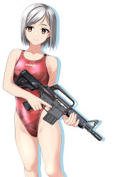 1girl absurdres ar-15 assault_rifle breasts brown_eyes camouflage clothes_writing commentary_request competition_swimsuit feet_out_of_frame grey_hair gun highleg highleg_one-piece_swimsuit highres holding holding_gun holding_weapon one-piece_swimsuit original red_one-piece_swimsuit rifle short_hair simple_background small_breasts solo standing swimsuit takafumi translation_request trigger_discipline variant_set weapon white_background