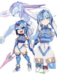 1girl android armor blue_eyes blue_helmet boots breasts crop_top ddg160 energy_spear fairy_leviathan_(mega_man) forehead_jewel helmet highres holding holding_polearm holding_weapon mega_man_(series) mega_man_zero_(series) multiple_views polearm robot_girl smile thighhighs weapon