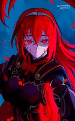 1girl armor artist_name black_armor blood blood_on_face blue_background breasts cape dark_persona expressionless female_alear_(fell_dragon)_(fire_emblem) female_alear_(fire_emblem) female_alear_(red_days_past)_(fire_emblem) fire_emblem fire_emblem_engage fire_emblem_heroes floating_hair gloves glowing glowing_hand gn0080_666 hair_between_eyes highres long_hair looking_at_viewer medium_breasts nintendo official_alternate_costume official_alternate_eye_color official_alternate_hair_color red_cape red_eyes red_gloves red_hair simple_background slit_pupils solo tiara twitter_username very_long_hair