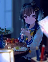 Rule 34 | 1girl, anchor, anchor symbol, apple, basket, black hair, black pantyhose, blue sailor collar, blurry, blurry background, bonozako, brown eyes, candle, chair, cheese, commentary, corrupted twitter file, curtains, depth of field, eating, flower, food, fork, fruit, glass, gradient hair, grapes, grey hair, hat, headgear, highres, indoors, kantai collection, lantern, mini hat, multicolored hair, neckerchief, night, pantyhose, pen, pencil, plant, potted plant, sailor collar, second-party source, shirt, short hair, short hair with long locks, sidelocks, sitting, smokestack hair ornament, solo, symbol-only commentary, table, tied shirt, tokitsukaze (kancolle), tomato, water, window, yellow neckerchief
