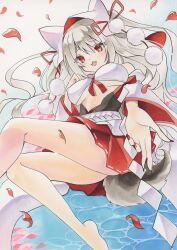 1girl absurdres azur_lane barefoot breasts covered_erect_nipples dress foot_out_of_frame highres japanese_clothes large_breasts looking_at_viewer marker_(medium) official_alternate_costume petals red_eyes red_nails red_skirt skirt solo thick_eyebrows traditional_media water wedding_dress white_dress yamiichif yuudachi_(azur_lane) yuudachi_(the_bride_of_solomon)_(azur_lane)