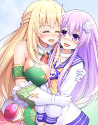 2girls bare_shoulders between_breasts blonde_hair blush breasts choujigen_game_neptune_mk2 clip_studio_paint_(medium) d-pad d-pad_hair_ornament doria_(p_f_dolia) closed_eyes gloves hair_ornament hug large_breasts long_hair multiple_girls nepgear neptune_(series) open_mouth purple_eyes purple_hair smile vert_(neptunia) very_long_hair yuri