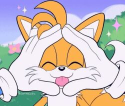 :3 blonde_hair child closed_eyes fazlozx fox garden gloves multiple_tails pov sega shota smile sonic_(series) sonic_the_hedgehog tail tails_(sonic) tongue tongue_out two_tails yellow_fur