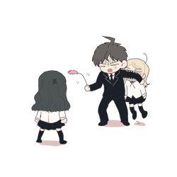 1boy 2girls ahoge anger_vein bad_id bad_twitter_id biting biting_arm black_jacket black_necktie black_pants black_skirt blush_stickers collared_shirt commentary_request danganronpa_(series) danganronpa_3_(anime) formal_clothes gamhwa highres hinata_hajime jacket kuzuryu_natsumi long_hair long_sleeves multiple_girls necktie official_alternate_costume open_mouth pants pleated_skirt satou_(danganronpa) sharp_teeth shirt short_hair simple_background skirt suit sweatdrop teeth thighhighs white_background white_shirt zettai_ryouiki