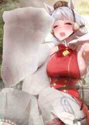 1girl animal_ears blush boots closed_eyes electric_fan feet gold_ship_(umamusume) highres horse_ears long_hair nokchamint open_mouth pantyhose shoes soles steam sweat toes umamusume unworn_boots unworn_shoes white_hair white_pantyhose