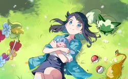 1girl black_hair black_shorts blue_eyes blue_jacket cheese_(yongggam) closed_mouth colored_inner_hair comfey commentary day eyelashes gen_7_pokemon gen_8_pokemon grass hair_ornament hairclip hatenna highres holding holding_pokemon jacket knee_up light_blush liko_(pokemon) looking_at_viewer lying multicolored_hair nintendo on_back open_clothes open_jacket outdoors poke_ball poke_ball_(basic) pokemon pokemon_(anime) pokemon_(creature) pokemon_horizons shadow shirt shorts smile sprigatito white_shirt yellow_bag