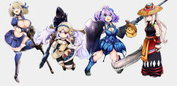 Rule 34 | 4girls, absurdres, alternate costume, ayanami (azur lane), azur lane, azure (armor), bad id, bad pixiv id, bare shoulders, blue dress, blue eyes, blue footwear, blue skirt, bnahabra (armor), boots, breasts, capcom, center opening, crop top, crossover, detached sleeves, dress, fingerless gloves, floral dress, fur trim, gloves, grey background, gun, hair over one eye, hammer, hat, highres, holding, holding gun, holding hammer, holding sword, holding weapon, javelin (azur lane), laffey (azur lane), lagombi (armor), lance, large breasts, leg up, light purple hair, long hair, looking at viewer, manjuu (azur lane), medium hair, midriff, miniskirt, monster hunter (series), multiple girls, open mouth, platinum blonde hair, polearm, ponytail, purple hair, red eyes, rifle, shield, short sleeves, simple background, skindentation, skirt, sledgehammer, small breasts, straw hat, sword, tadai nu, thighhighs, twintails, very long hair, weapon, yukumo (armor), z23 (azur lane), zettai ryouiki